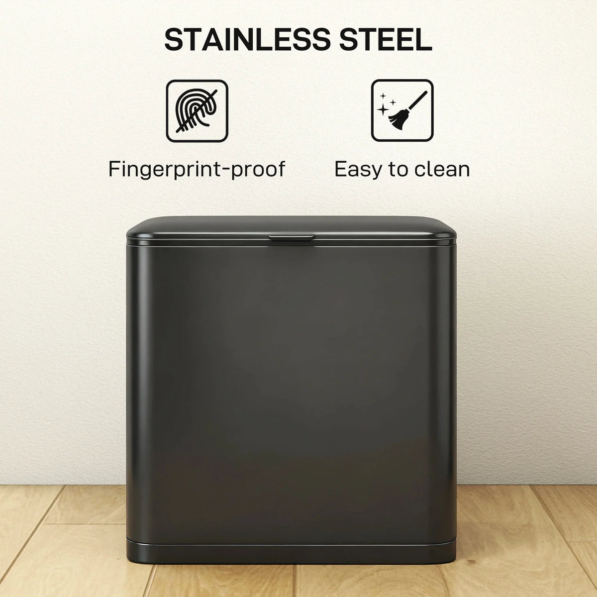 Black stainless-steel lidded bin with smooth, easy-clean finish