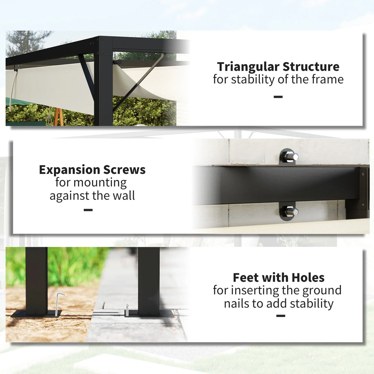 Pergola mounting hardware shown: expansion screws and base feet with ground holes