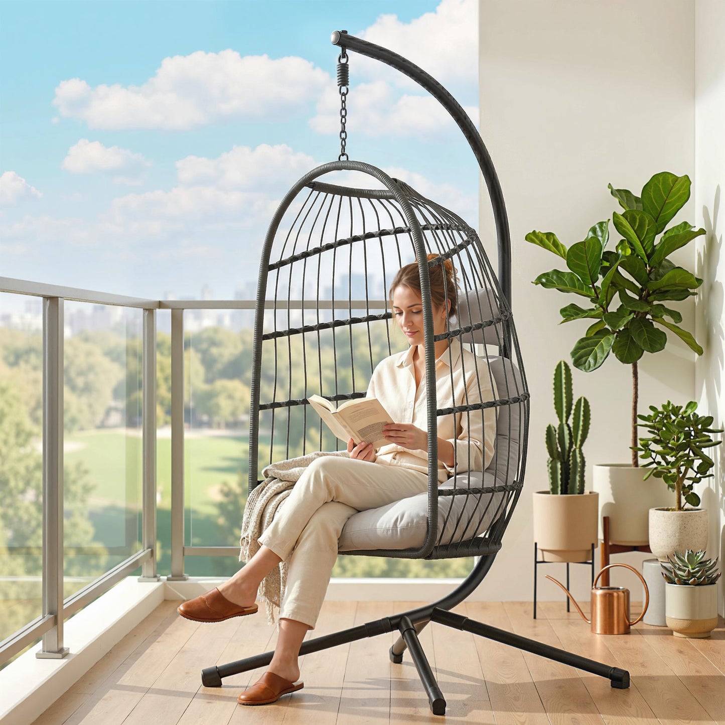Outsunny Hanging Egg Chair With Stand, Indoor Outdoor Swing Chair With Cushion, Adjustable Height, Safety Strap, Grey