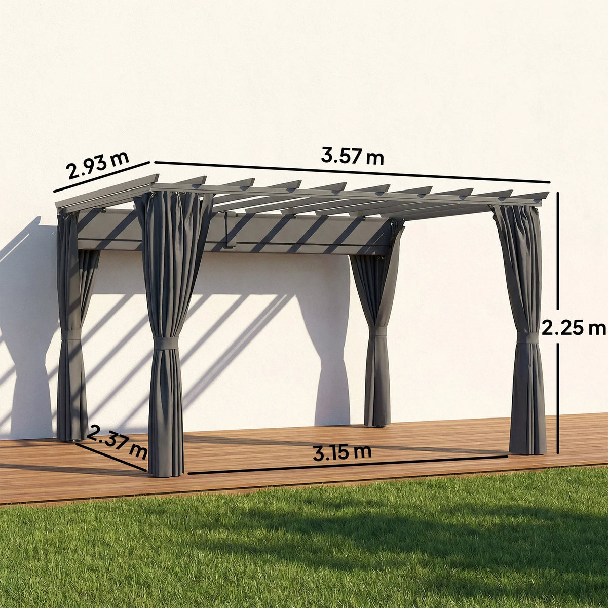 Dark grey pergola gazebo with retractable canopy and curtains, shown with measurements