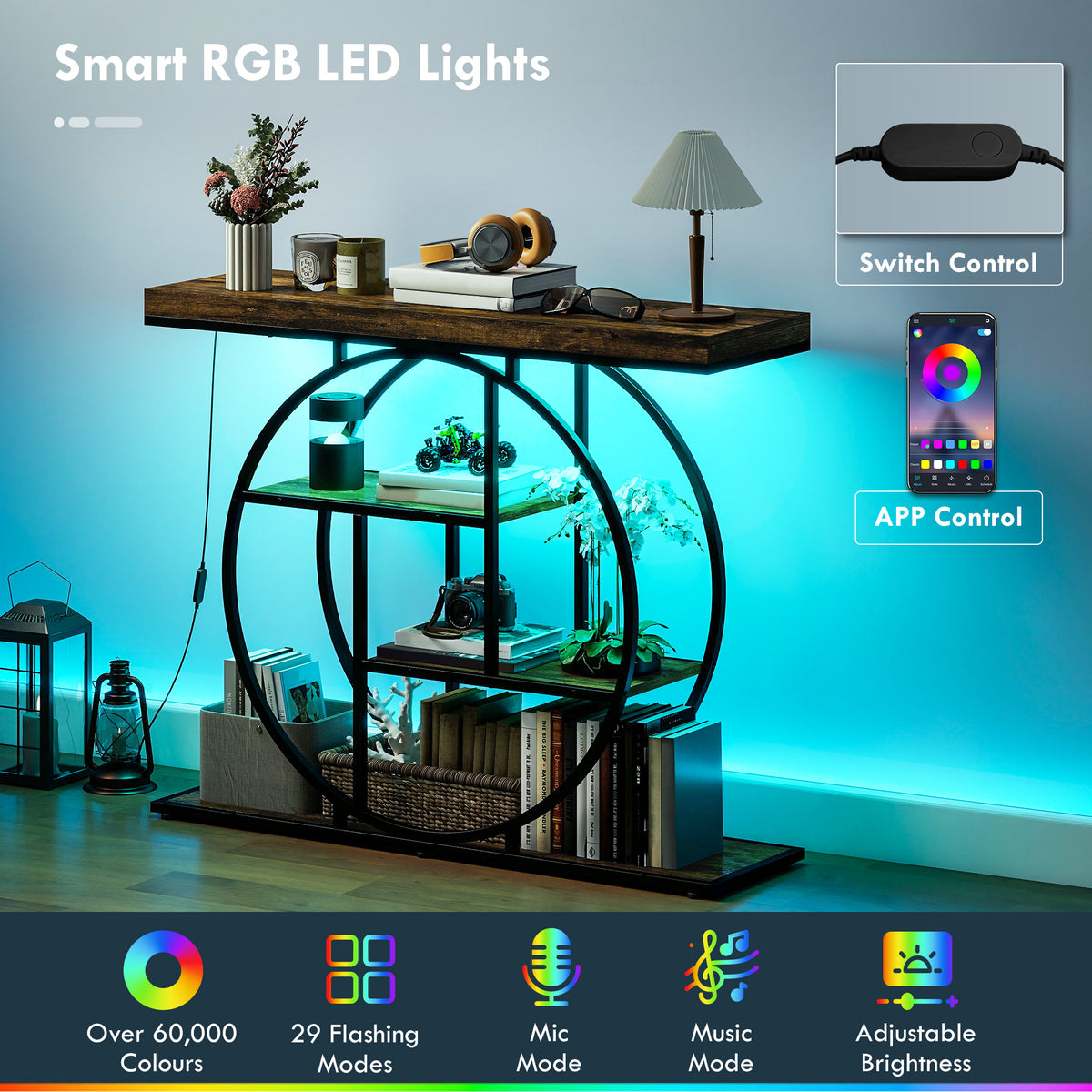 Industrial console table with circular metal frame, dark wood top, RGB LED light strip.