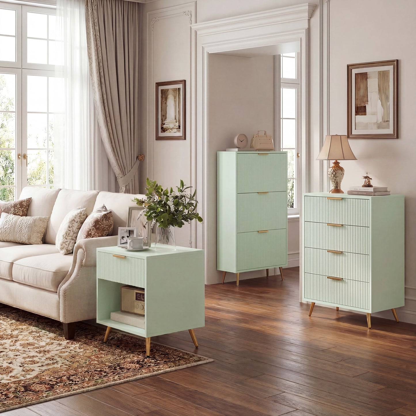 HOMCOM Elegant Three Drawer Shoe Cabinet Light Green With Ridged Front Doors And Gold Tone Details