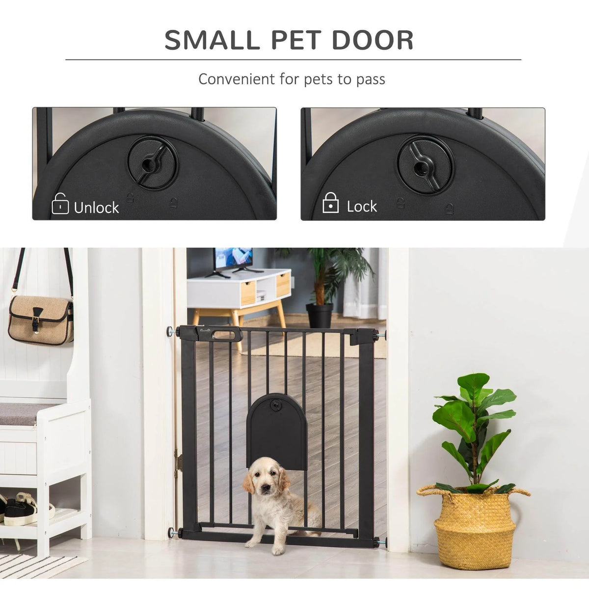 Black pet gate with arched small pet door and locking positions on the release