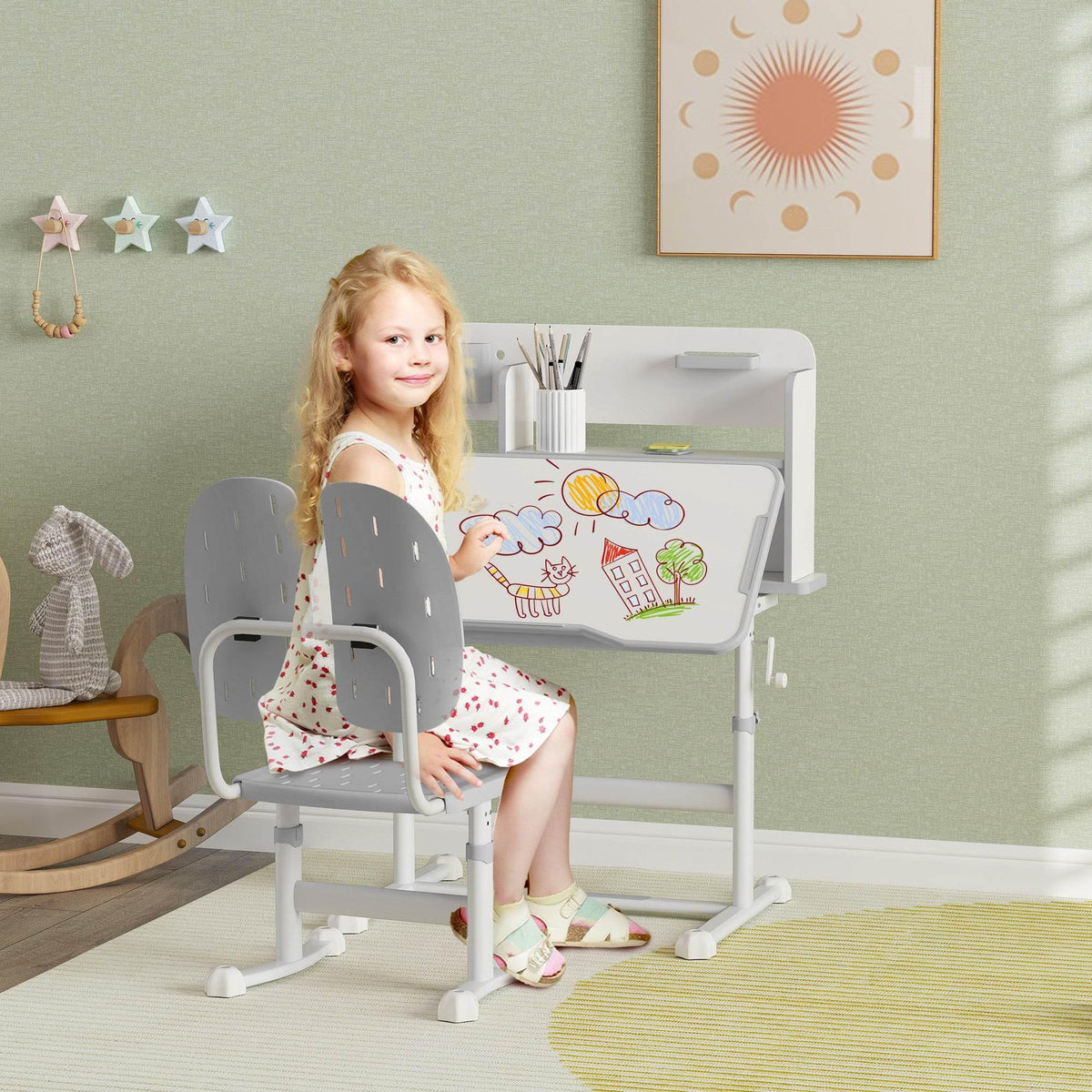 Adjustable kids study desk and chair set with grey seat, front view