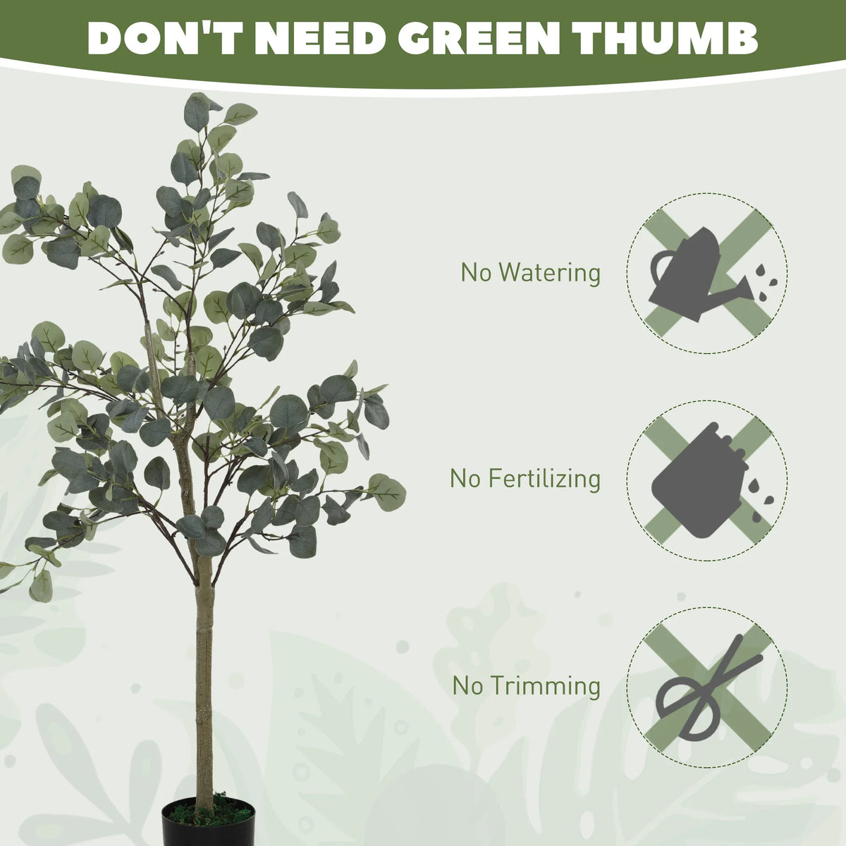 Low-maintenance faux eucalyptus tree with gray-green leaves in a black pot