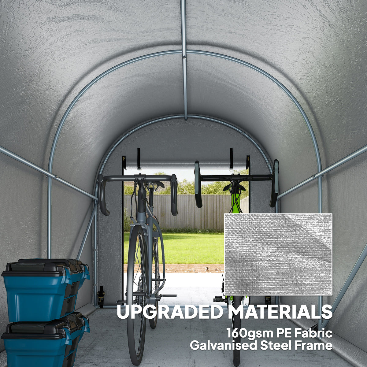 Gray bike storage tent with front zip opening and metal frame, interior bike storage visible.