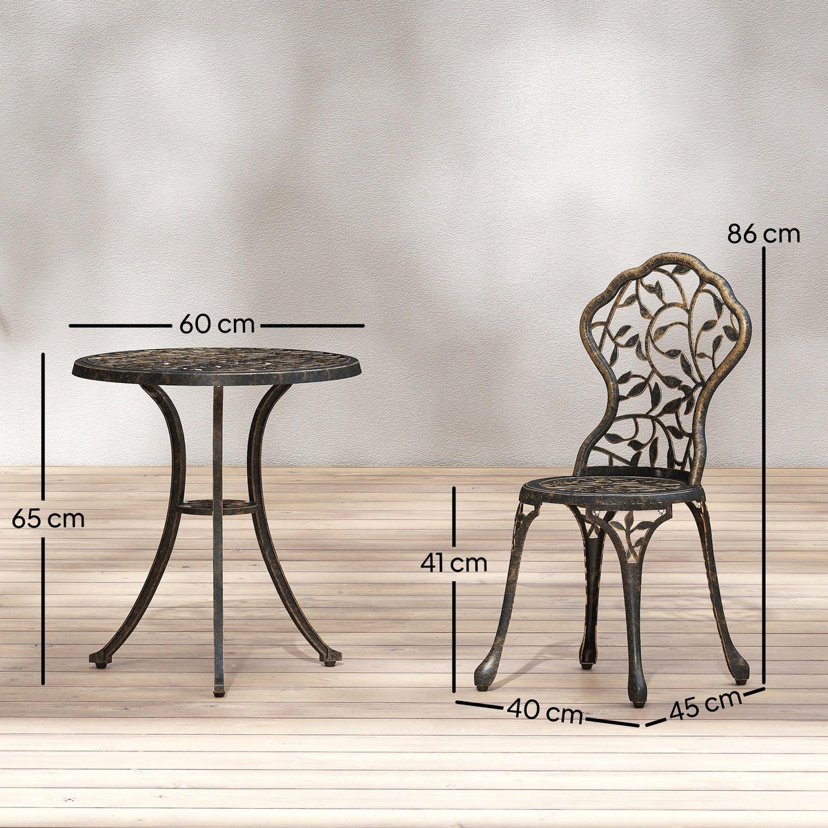 Round bistro table and two chairs size diagram, dark brown metal frame