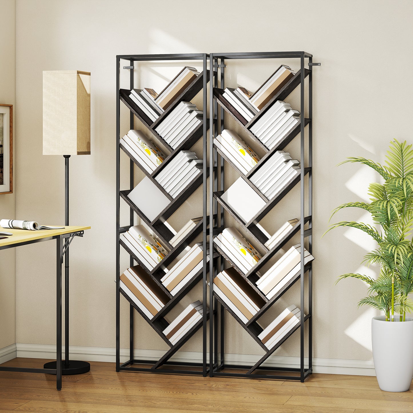 HOMCOM 10 Shelf Industrial Style Tree Bookshelf Tall 170 Centimeters With Branches Design And Metal Frame Black Grey