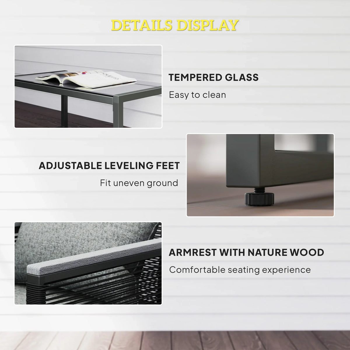 Charcoal grey coffee table with tempered glass, adjustable leveling feet, and wood armrests