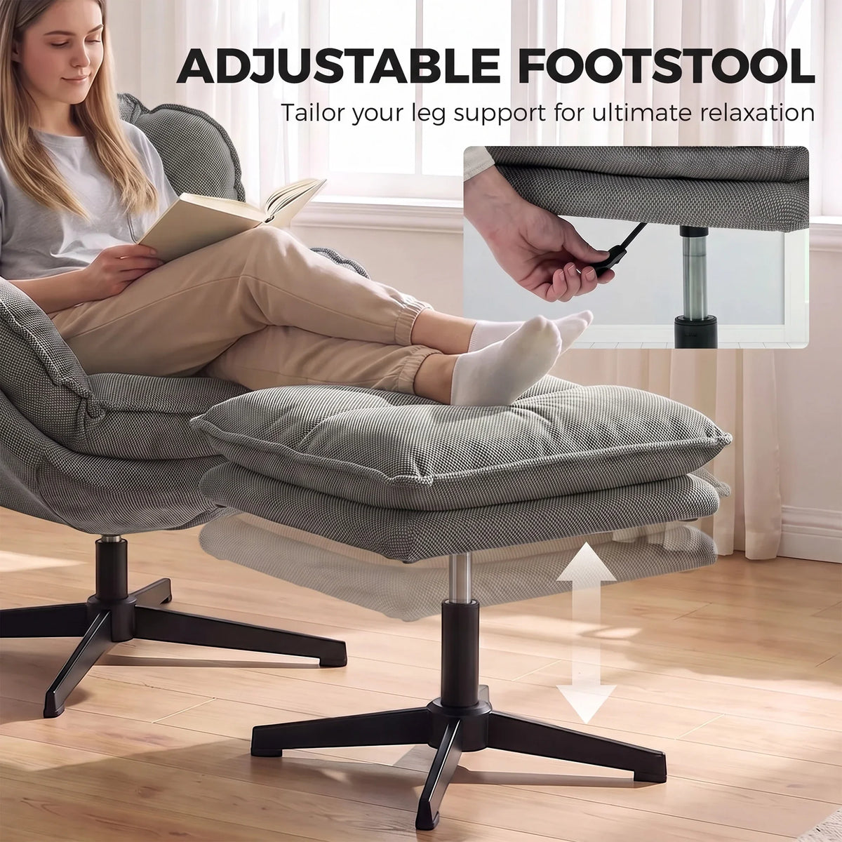 Grey swivel armchair with adjustable footstool, plush cloud-style seat; person reclining