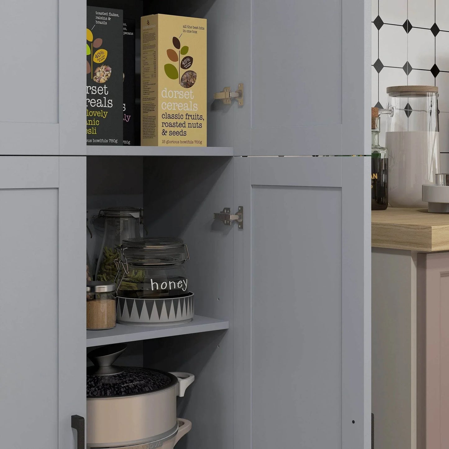 Tall Grey Kitchen Storage Cabinet with Adjustable Shelves and 4 Doors - ALL4U RETAILER LTD