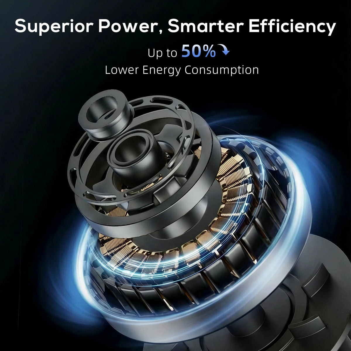 Black tower fan airflow blades and motor housing, shown in close-up