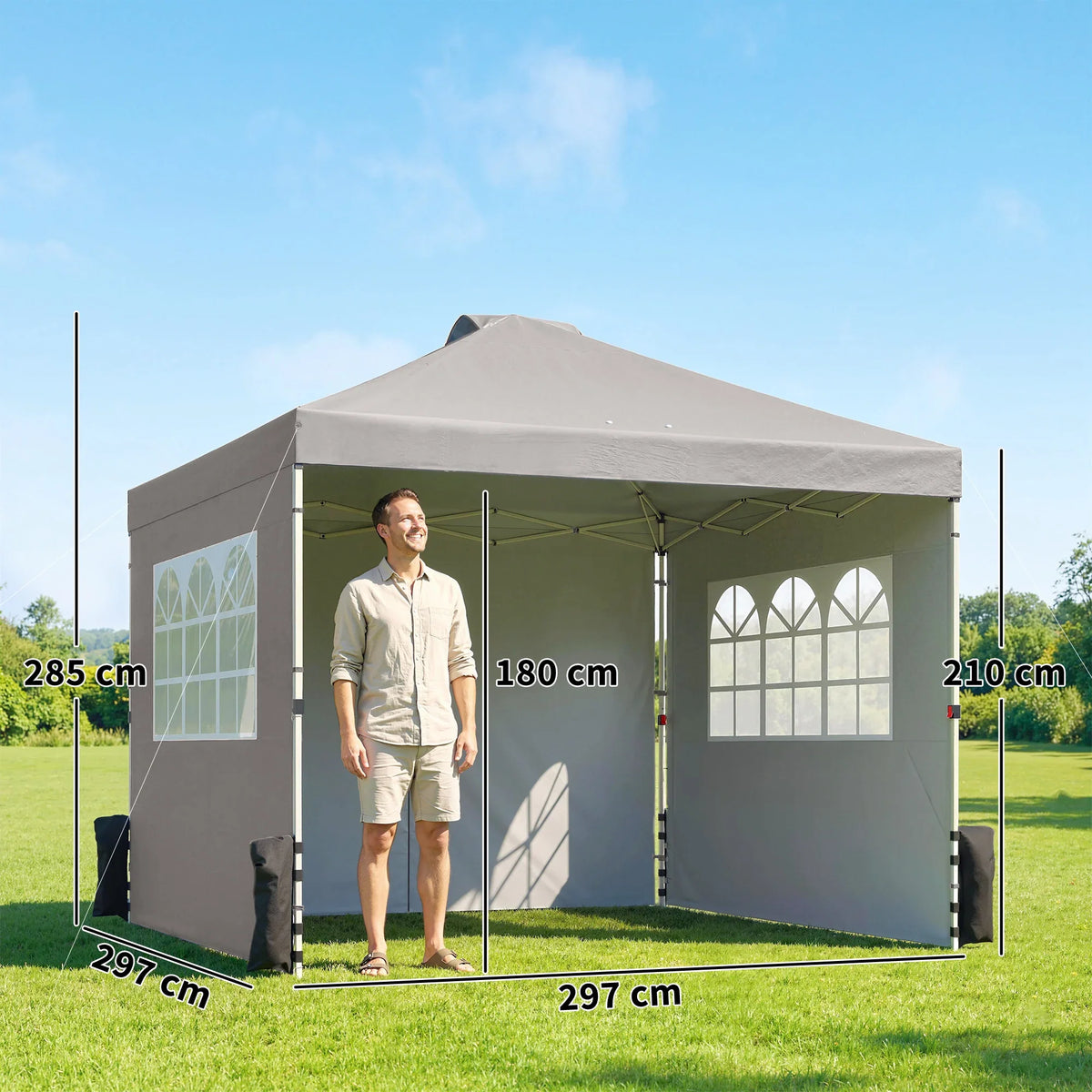 Grey pop-up gazebo with adjustable height and three side panels, 3x3m shelter frame