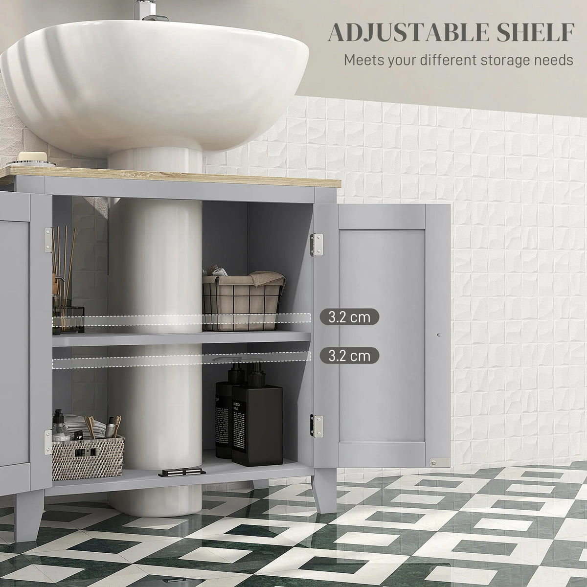 Grey under-sink cabinet interior with adjustable shelves and two-door storage space