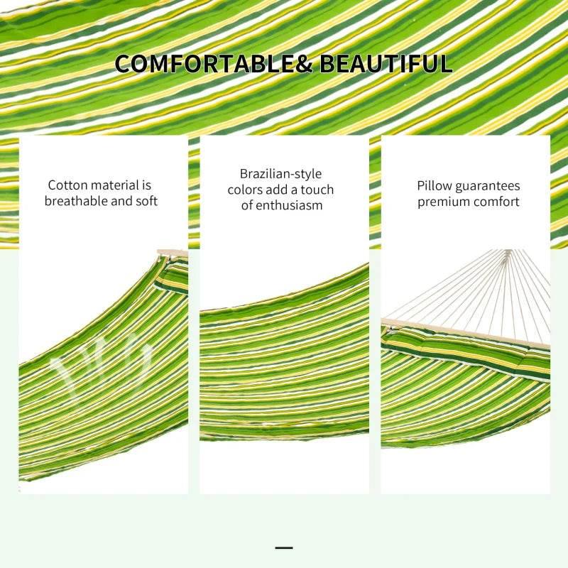 Green striped cotton hammock fabric with fringed edge and hanging rope