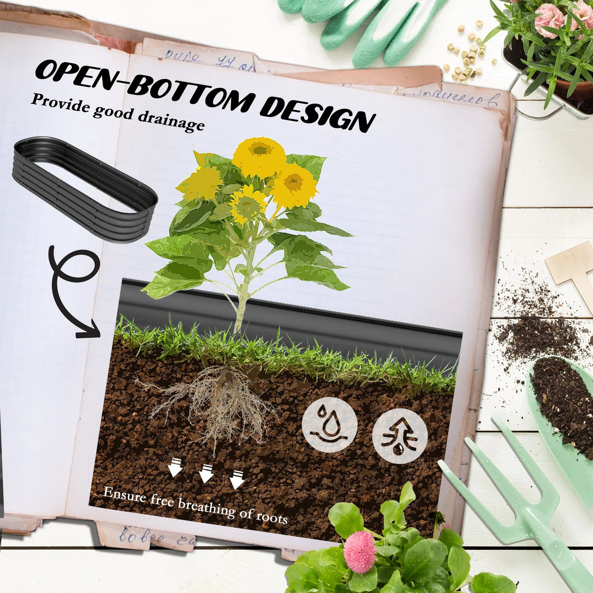Dark grey open-bottom raised garden bed with drainage shown in packaging