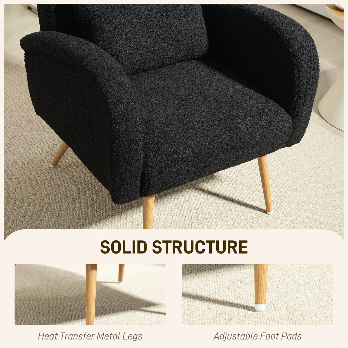 Black teddy fleece accent chair with thick arm padding and wooden legs