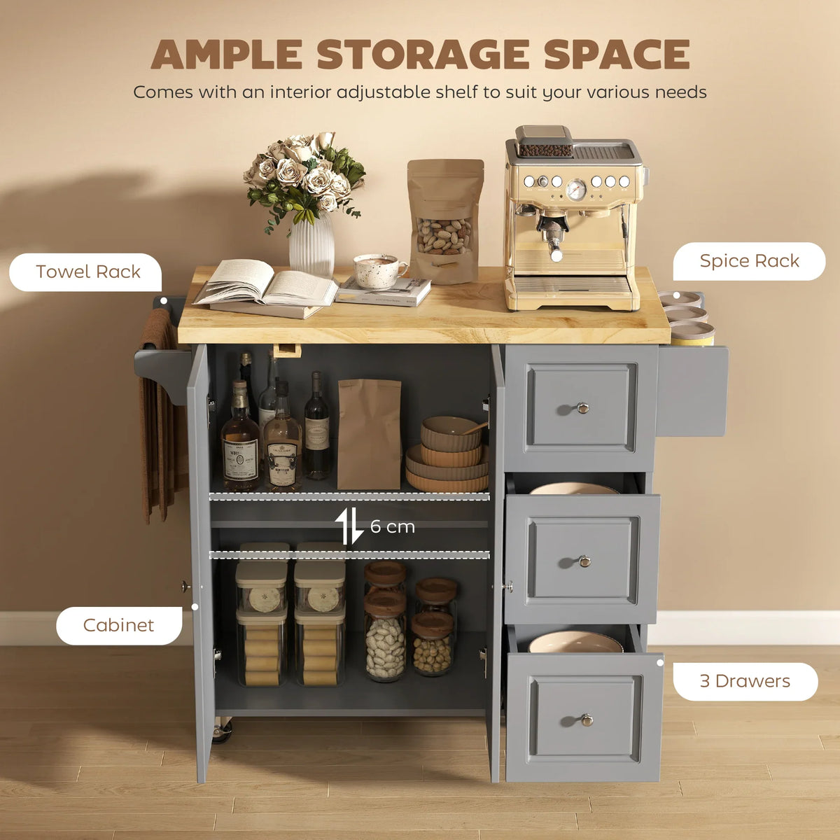 Grey kitchen island with open storage shelves, cabinet compartments, and three drawer fronts