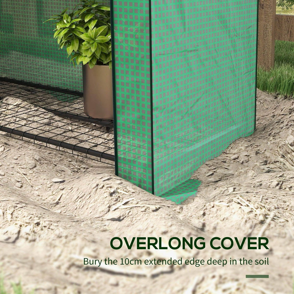 Green mini greenhouse with long bottom cover edge along the frame base