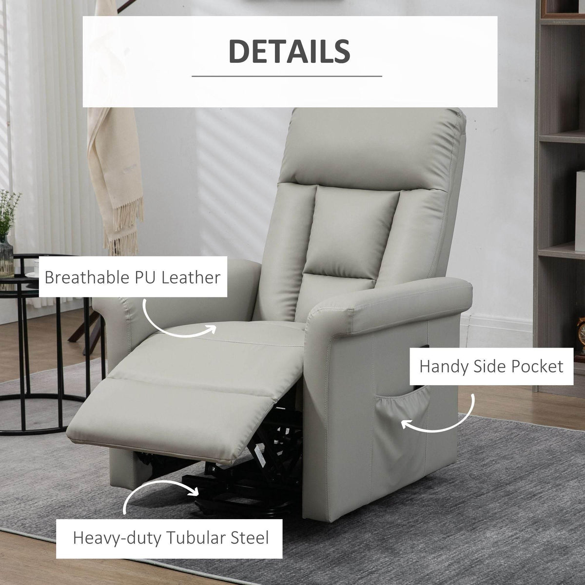 Grey electric recliner chair with side pocket and padded headrest, reclined
