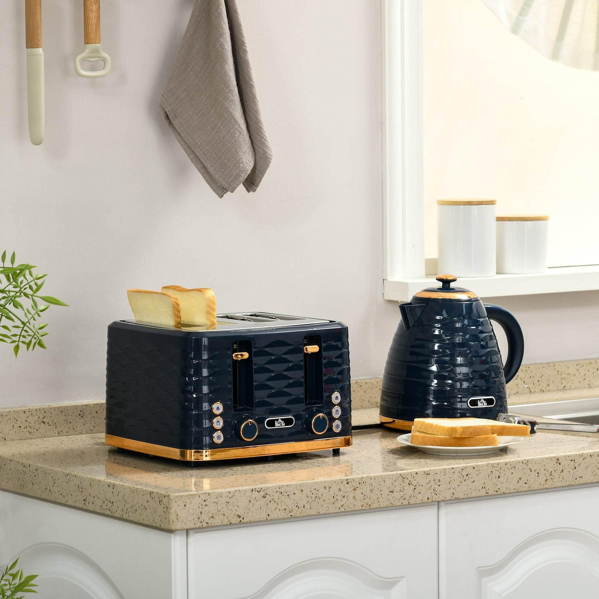 Electric kettle and 4-slice toaster set, glossy dark blue with gold accents