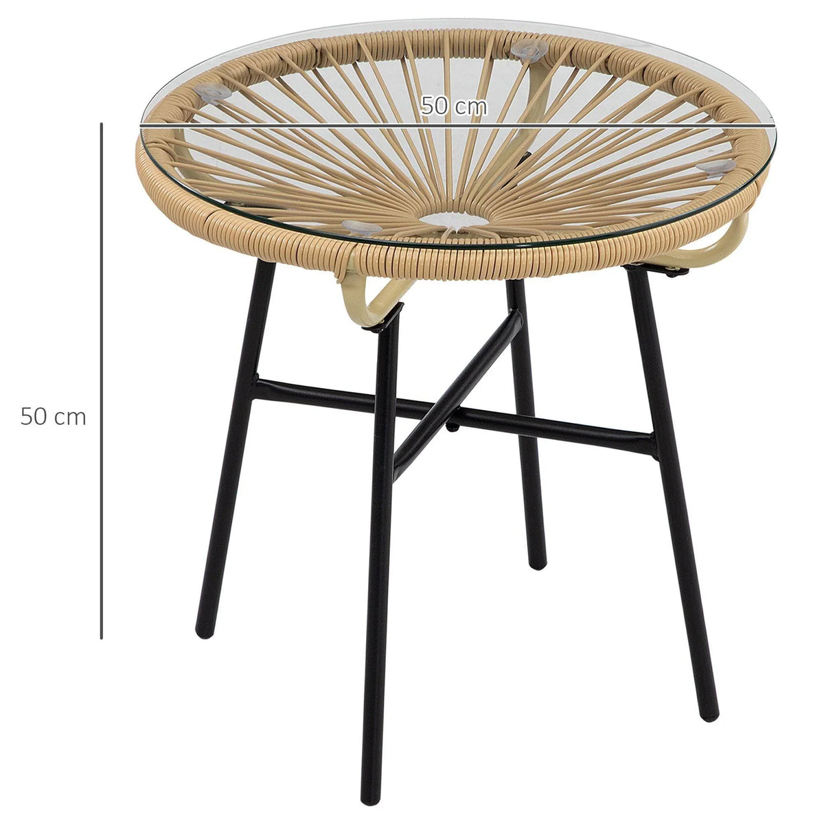Round rattan side table with clear glass top, black 4-leg stand