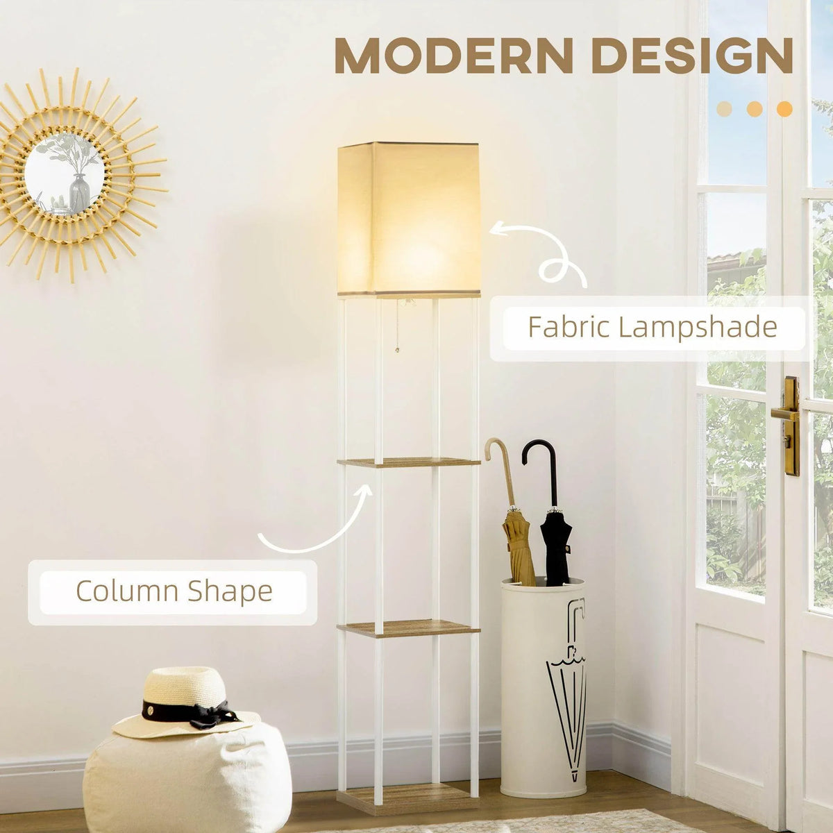 White column floor lamp with fabric lampshade and side display shelves