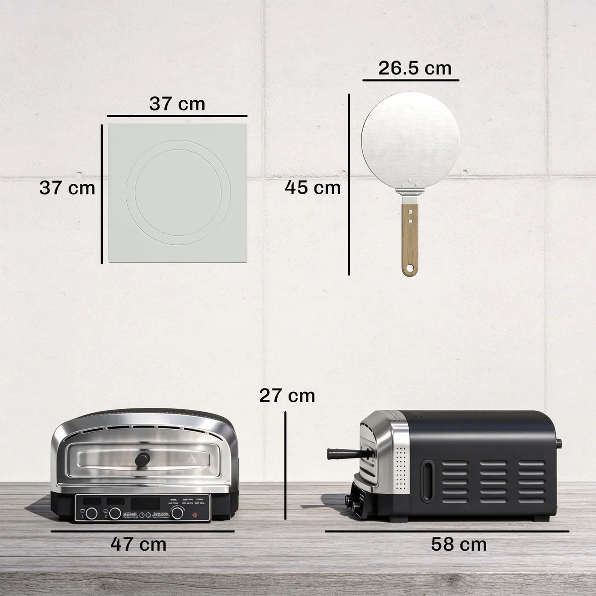 Electric pizza oven dimensions diagram with matching pizza peel