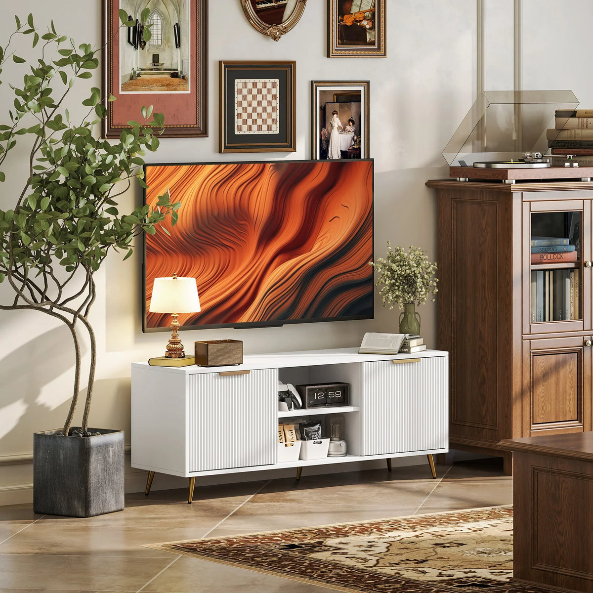 White modern TV stand with 2 cabinet doors, open shelf storage, and cable management