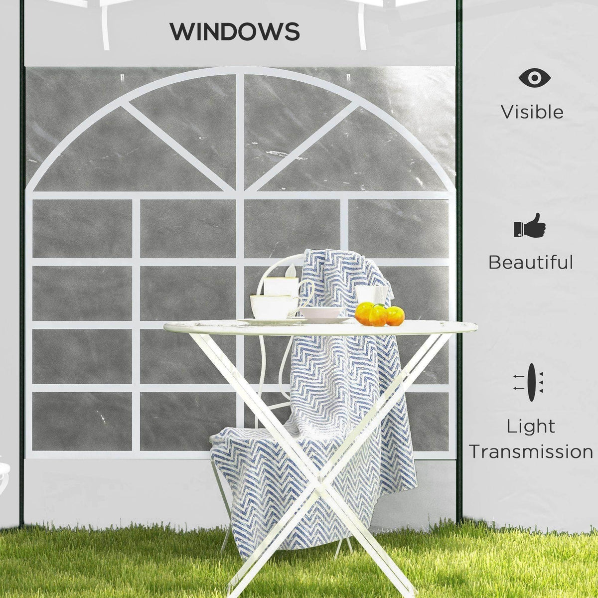 White gazebo side panel with arched window grid, for visibility and privacy