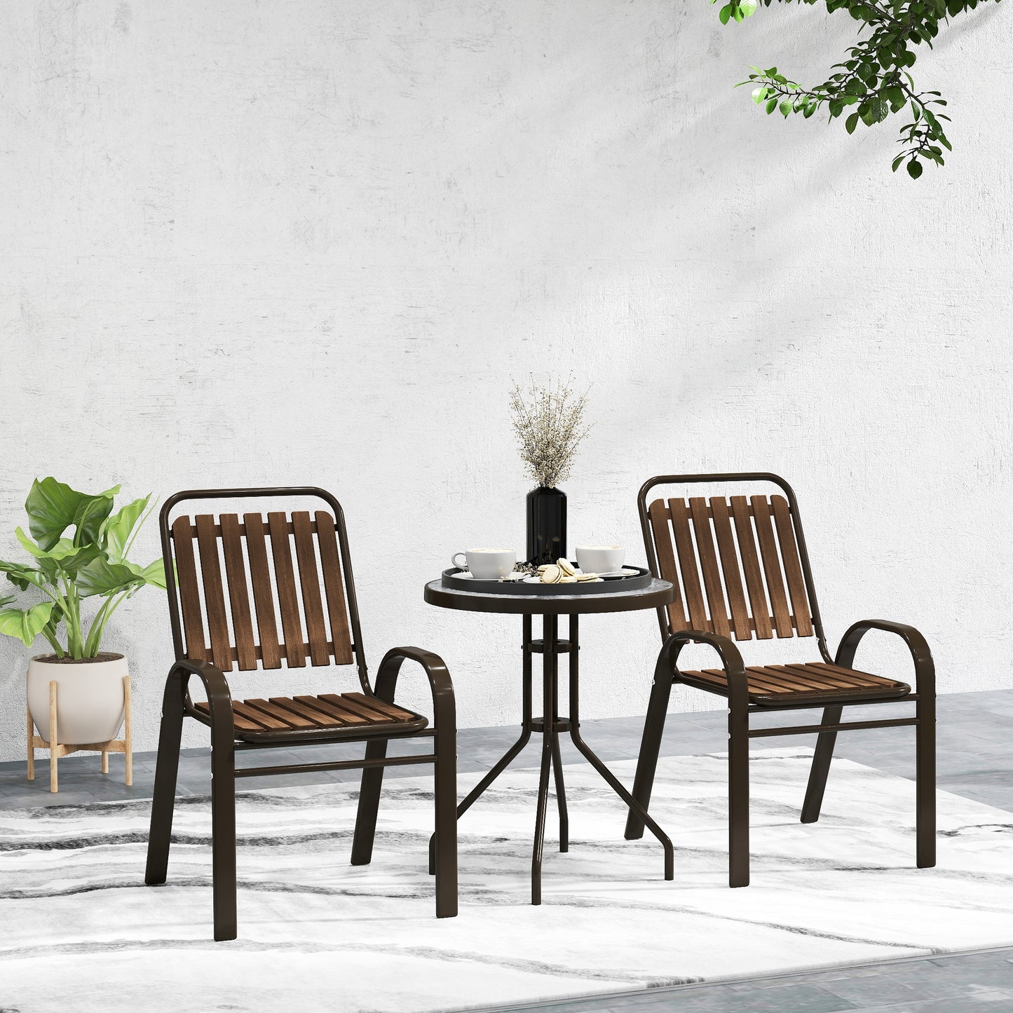 Outsunny 3 Pieces Patio Bistro Set With Stackable Chairs And Tempered Glass Table For Outdoor Balcony Garden Dark Brown