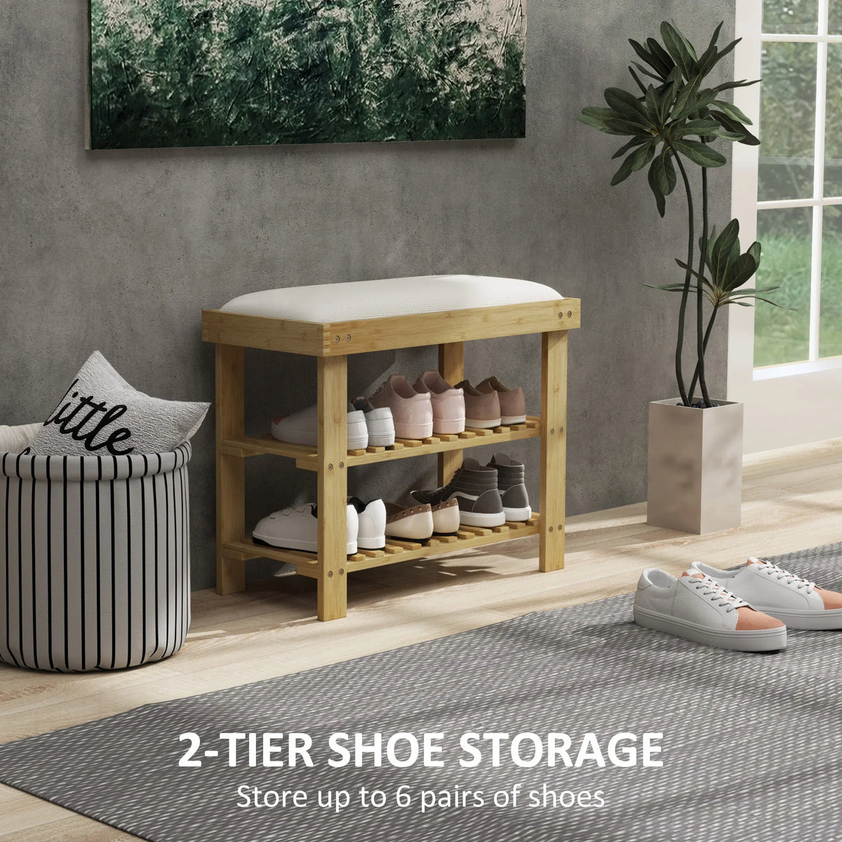 2-tier bamboo shoe storage bench with cream seat cushion and two open shoe shelves