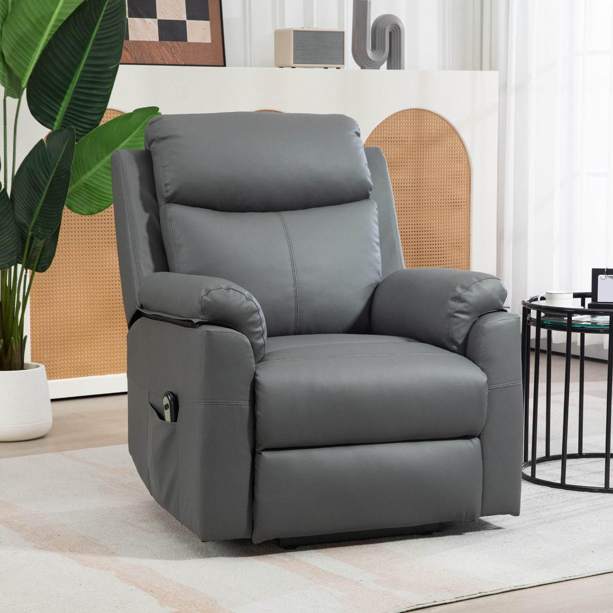 Charcoal grey electric lift recliner chair upright view with padded headrest