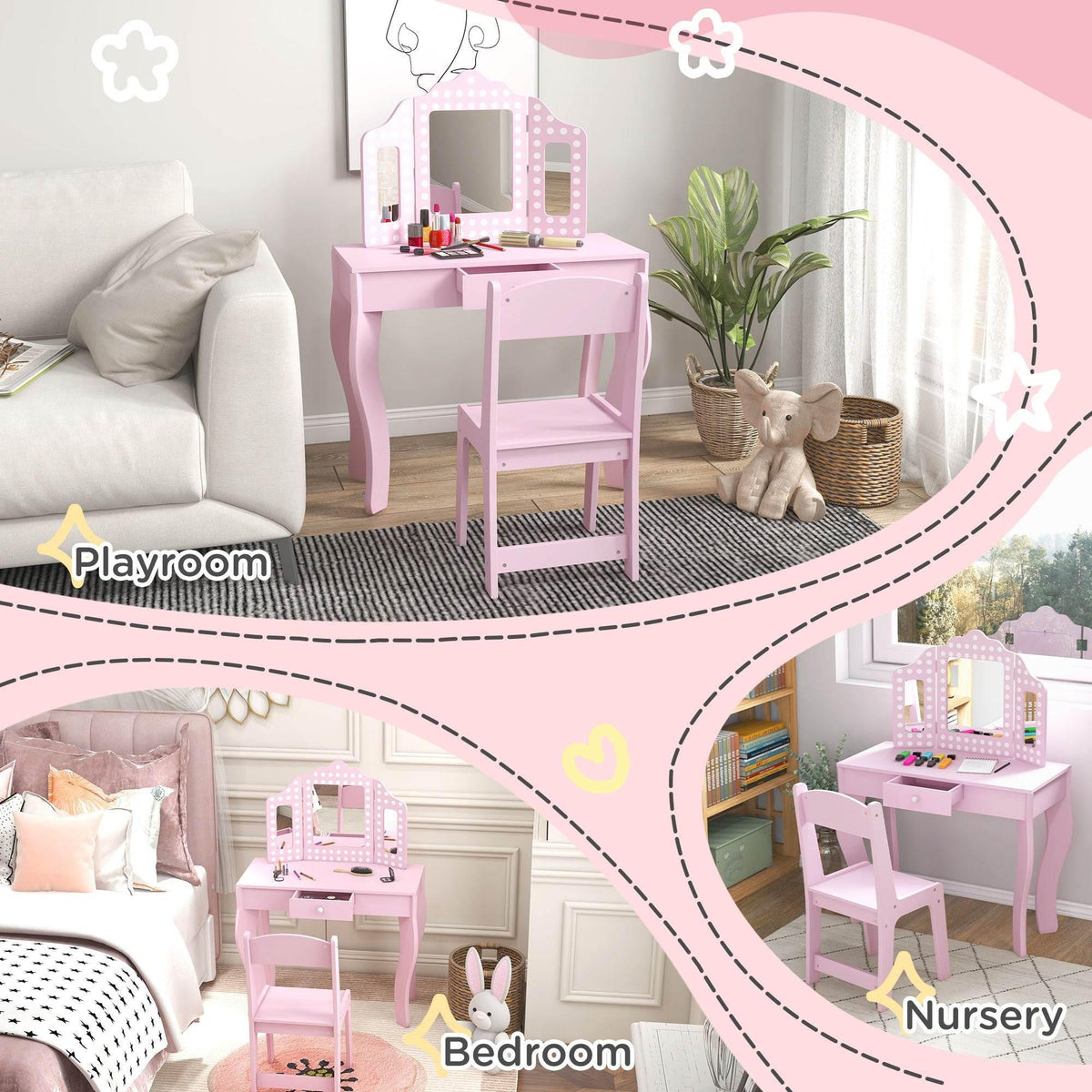 Pink kids vanity set with tri-fold mirror and stool in a playroom