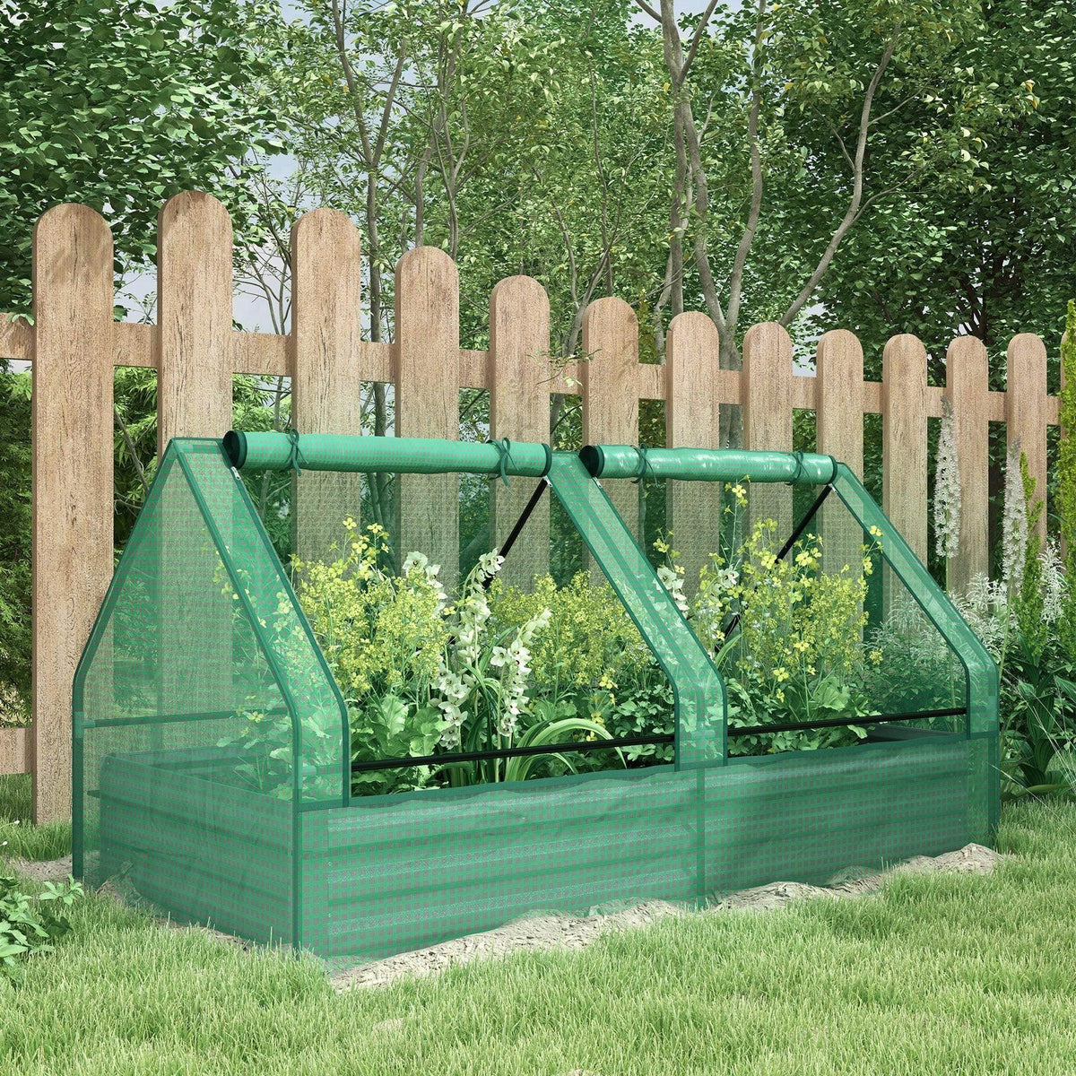 Green metal raised garden bed with greenhouse cover and clear mesh panels