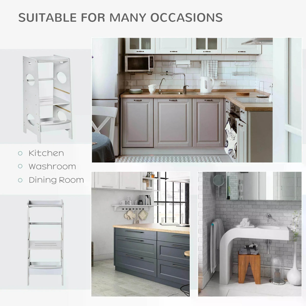 Kids step stool shown for kitchen use, white frame with safety rail and steps