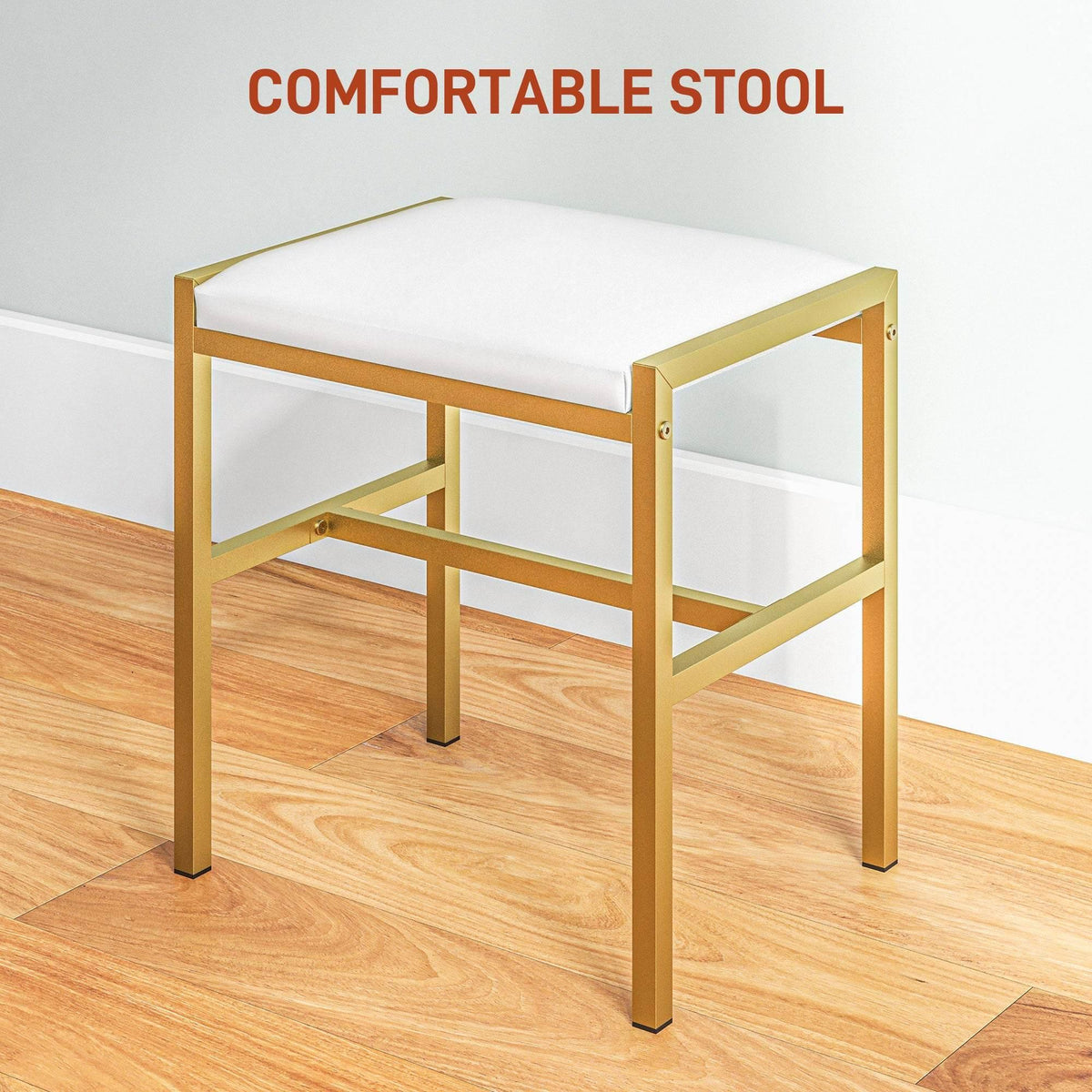 White cushioned stool with gold frame for a makeup vanity table set
