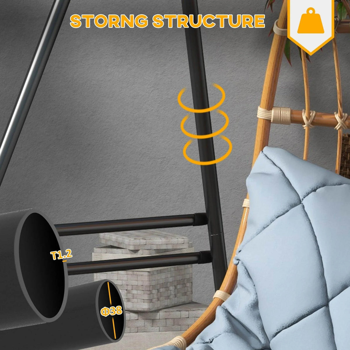 Black metal stand post with hanging ring hardware and crossbar for hammock chair