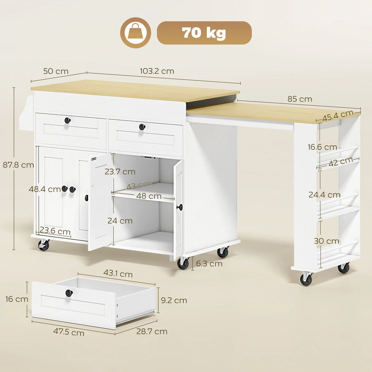Kitchen island size diagram showing white base and light wood countertop on caster wheels.