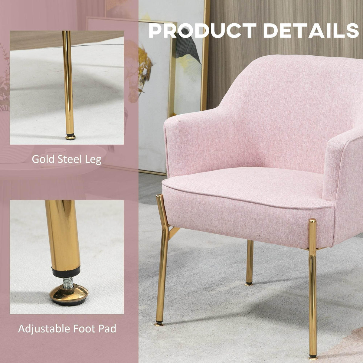 Pink armchair with gold steel legs and adjustable foot pads, close-up side