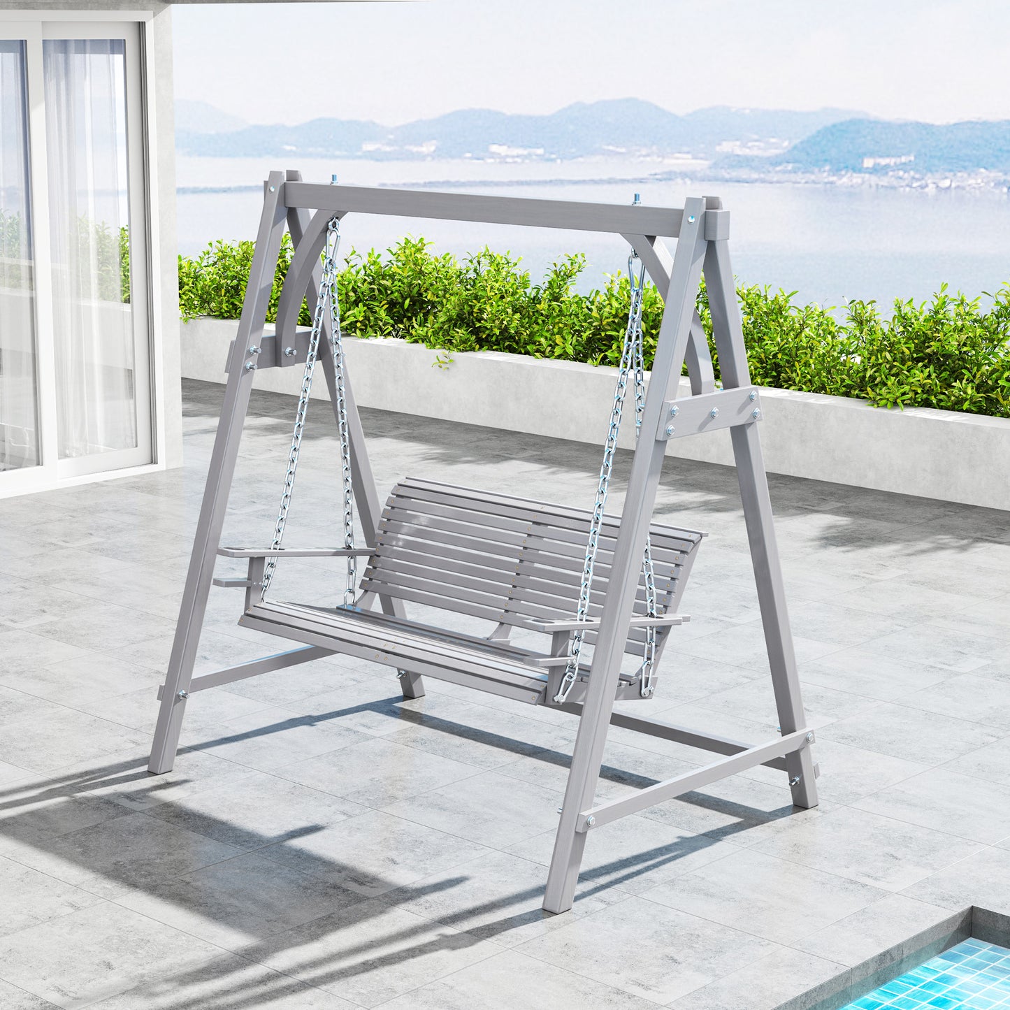 Outsunny 2 Seater Garden Swing Chair Bench In Grey With Cup Holders Solid Larch Wood Construction For Outdoor Patio
