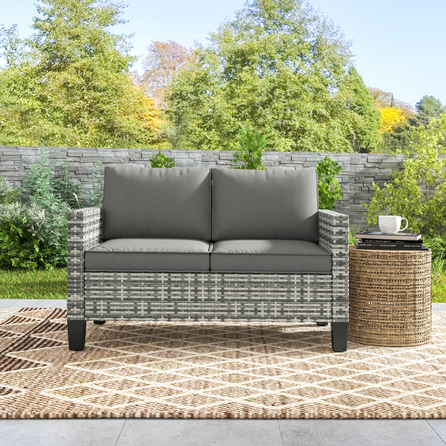 Outsunny Two Seater Rattan Outdoor Sofa With Thick Cushions And Adjustable Feet Light Grey