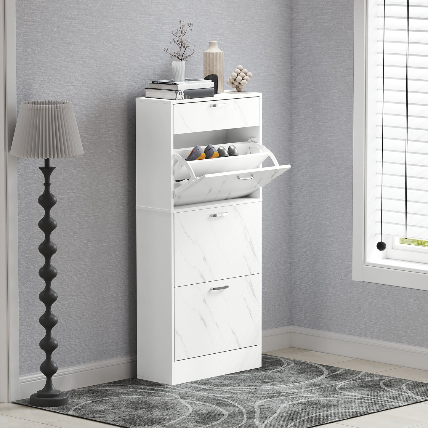 HOMCOM Marble White Shoe Storage Cabinet With 3 Flip Drawers Top Drawer And Adjustable Shelves Hallway Cabinet