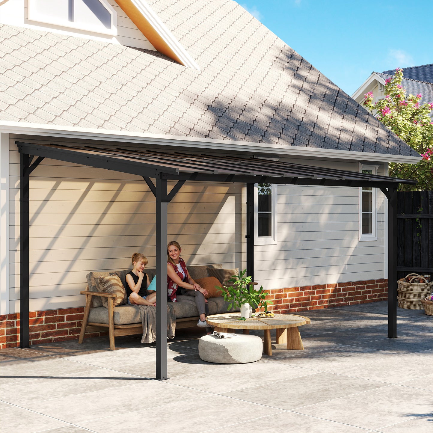 Outsunny 3x4.3m Metal Pergola With UPF 50 Plus Waterproof Polycarbonate Roof Wall Mounted Garden Gazebo Dark Grey