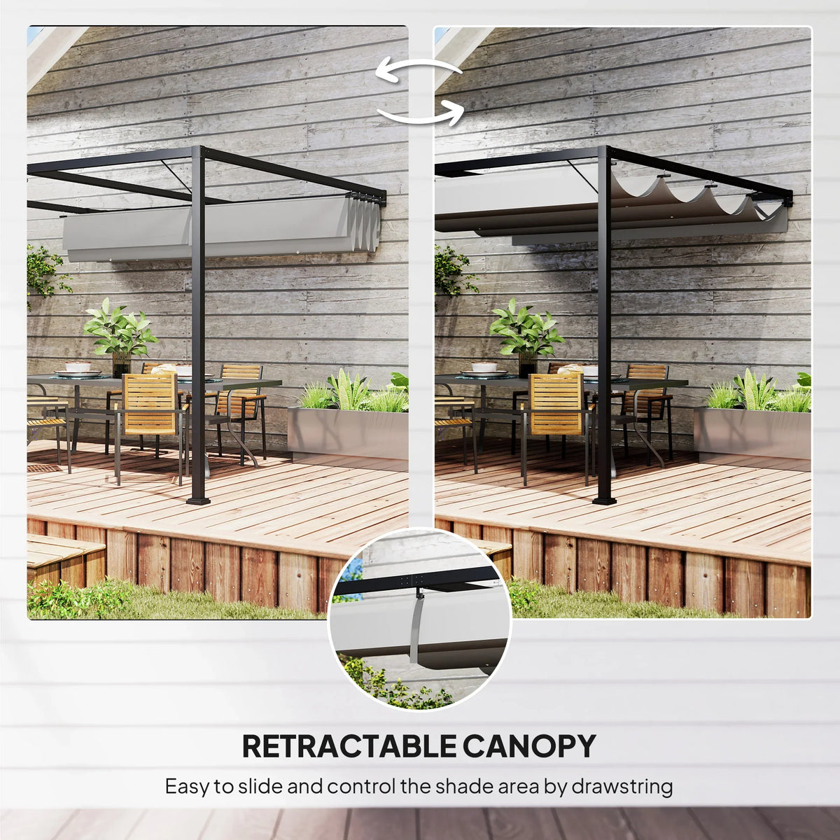 Grey retractable pergola canopy over a wooden deck, showing smooth open and close