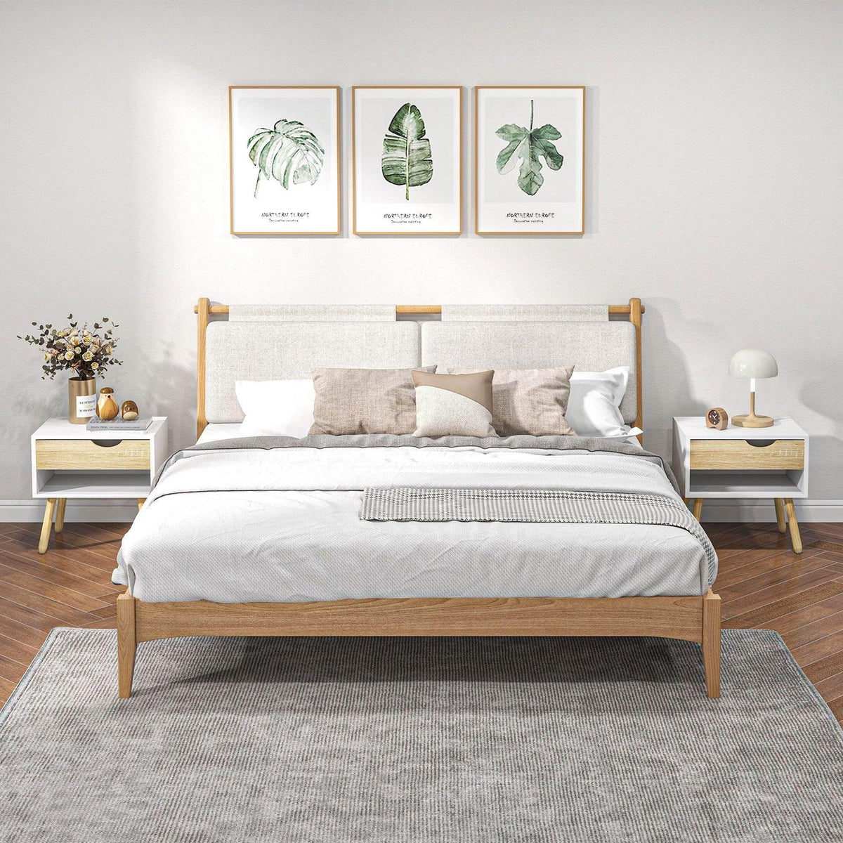Bedside table in white and light wood with a drawer and open lower shelf