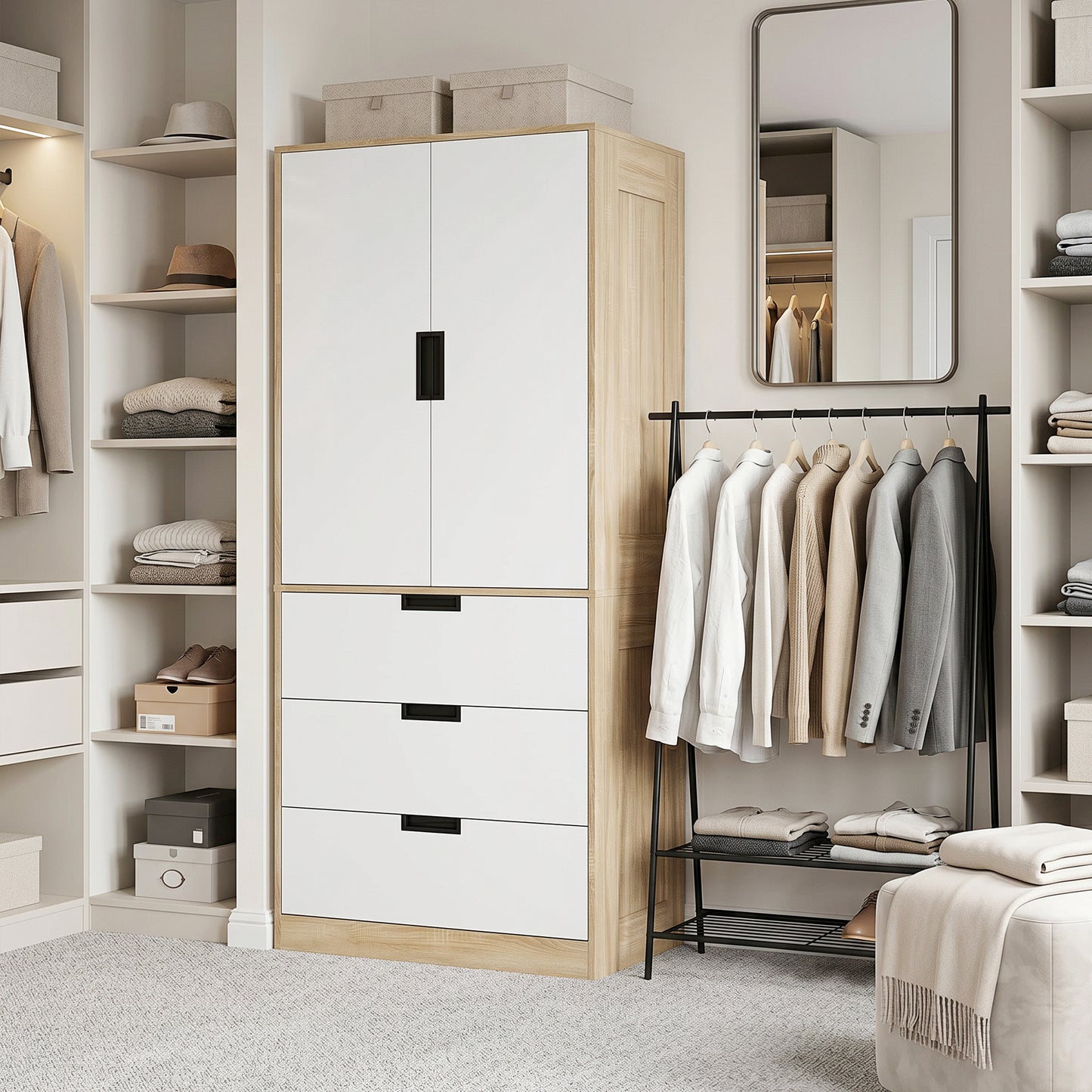 HOMCOM Modern Oak And White Wardrobe With Hanging Rod 3 Drawer 2 Door Storage Cupboard