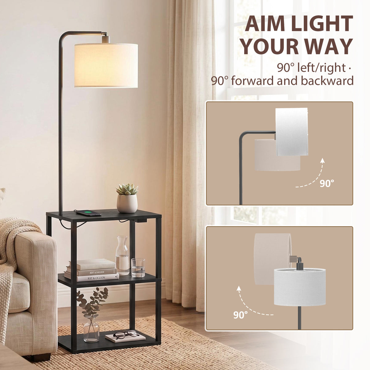 Black floor lamp with off-white shade and 3-tier shelving