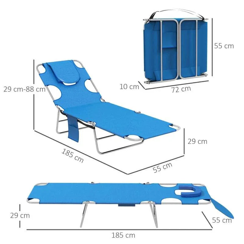 Blue foldable sun lounger with reading hole, side pocket, curved headrest, and metal legs