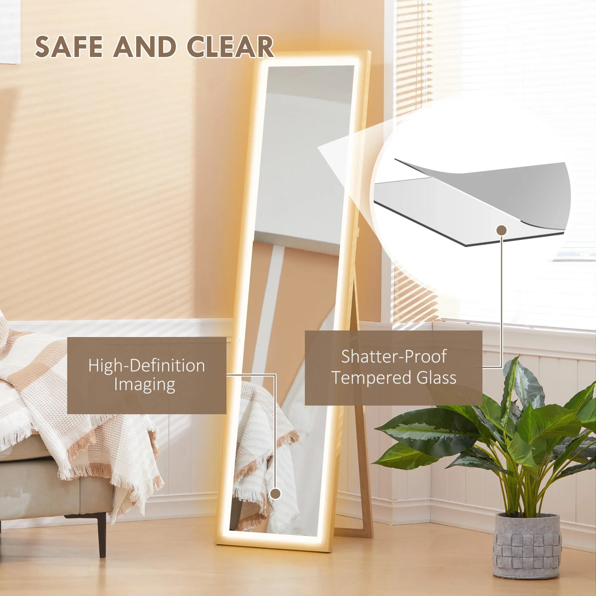 Full-length LED mirror with shatter-proof tempered glass and oak frame light border